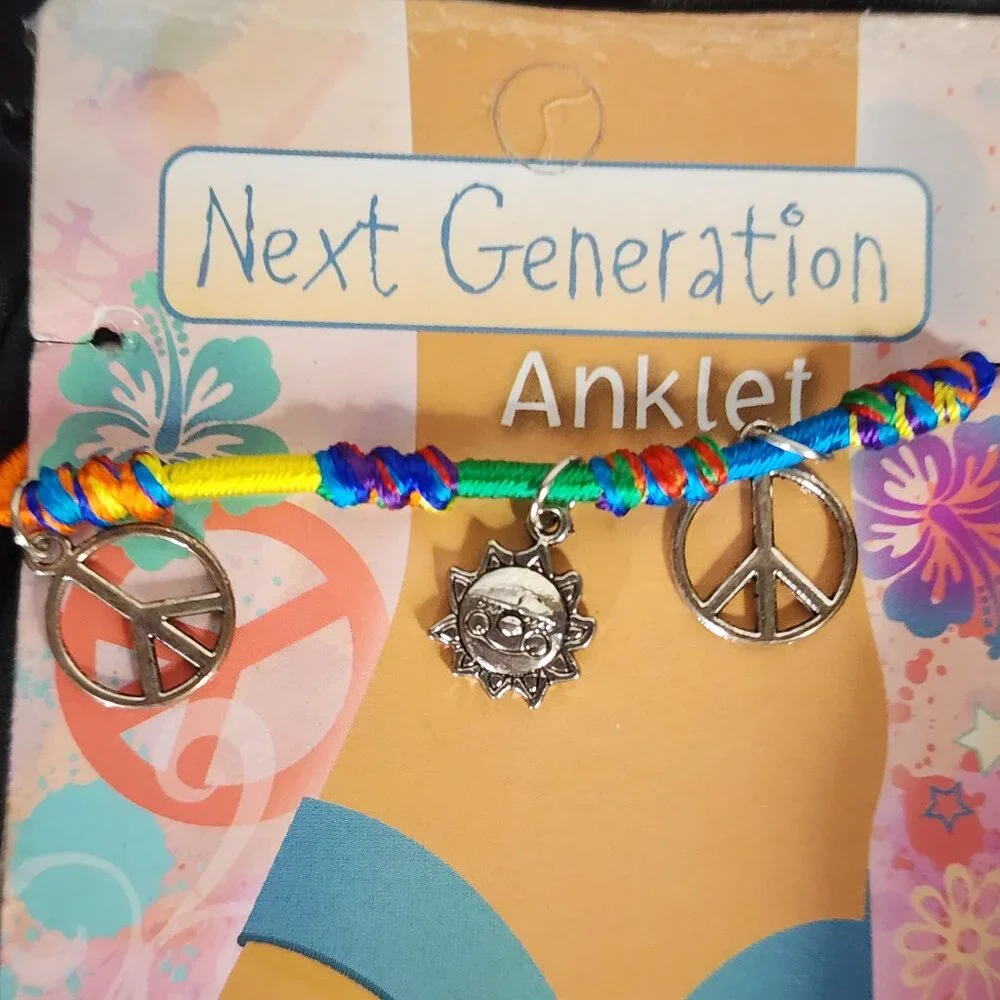 Novelty Inc Next Generation Silver Tone Peace Sun Symbols on Yarn Ankle Bracelet - Picture 2 of 16